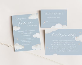 Heaven Sent Baby Shower Invitation Bundle Editable Digital Template Blue Boy A Little Piece Of Heaven Is On The Way Invite Moon Cloud Theme
