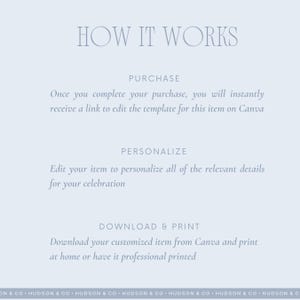 May include: A light blue graphic with the text "HOW IT WORKS" at the top. The text describes the steps: Purchase, Personalize, and Download & Print. The bottom of the graphic has the text "SON & CO HUDSON & CO" repeated.