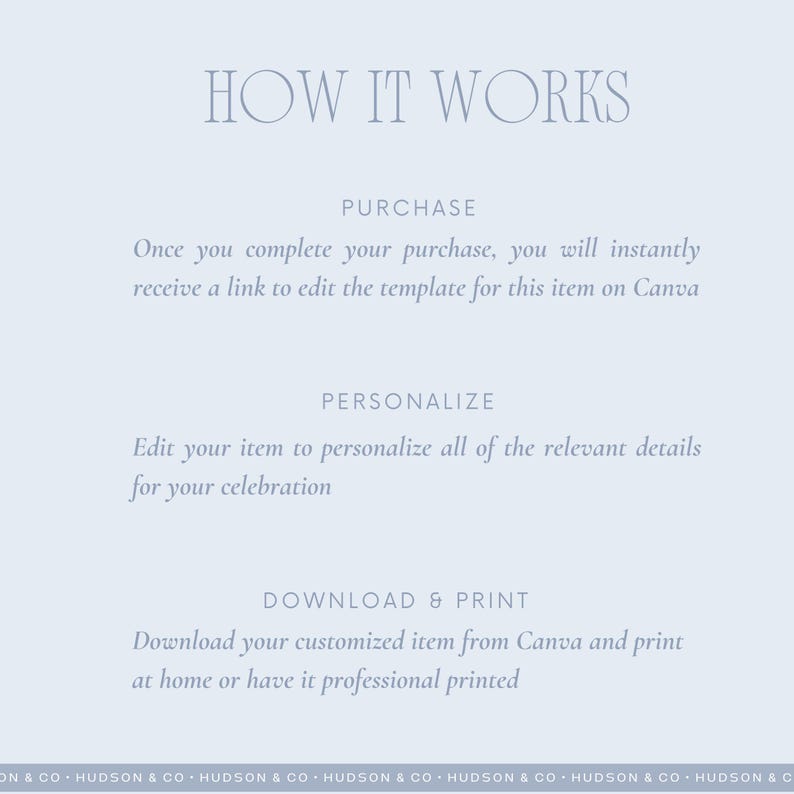 May include: A light blue graphic with the text "HOW IT WORKS" at the top. The text describes the steps: Purchase, Personalize, and Download & Print. The bottom of the graphic has the text "SON & CO HUDSON & CO" repeated.
