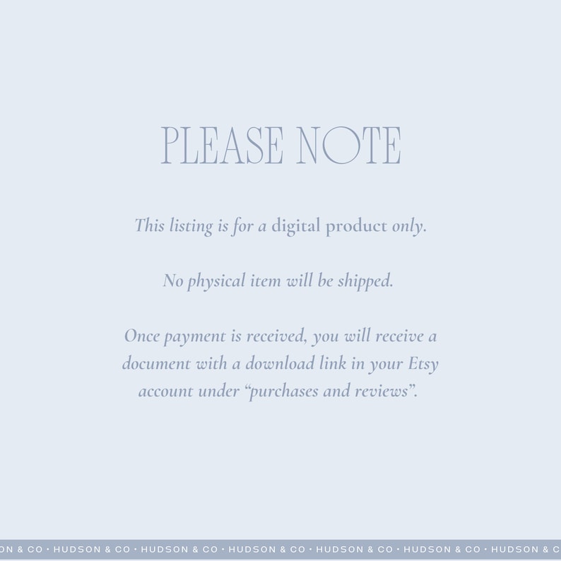 Puede incluir: Fondo azul p&aacute;lido con el texto "PLEASE NOTE" en fuente gris claro. El texto de abajo explica que este anuncio es para un producto digital, no se enviar&aacute; ning&uacute;n art&iacute;culo f&iacute;sico y c&oacute;mo acceder al enlace de descarga.