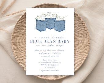 Blue Jean Baby Shower Invitation Digital Template Canva Editable Cowboy Western Country Rustic Boy Girl Gender Neutral Baby Sprinkle Invite
