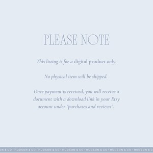 May include: Pale blue background with the text "PLEASE NOTE" in a light gray font. The text below states this listing is for a digital product only, and no physical item will be shipped. Further text explains how to access the digital download.