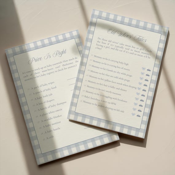 Blue Gingham Baby Shower Games Bundle Downloadable Editable Canva Template Summer Plaid Boy Gender Reveal Sprinkle Printable Activity Set