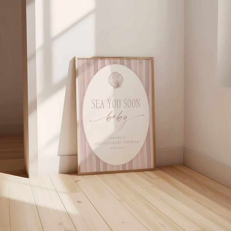 Sea You Soon Baby Shower Welcome Sign Pink Girl Canva Template Ocean ...