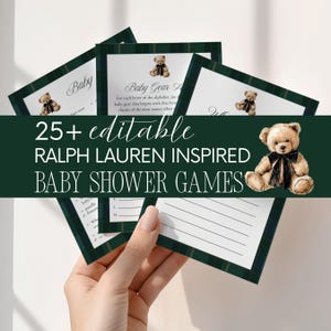 Ralph Lauren-inspirerade babyshower-spel Canva redigerbar mall Vintage Preppy Tartan Rutig Polo Björn-tema utskrivbart nedladdningsbart spelpaket