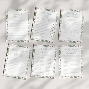Puede incluir: Seis tarjetas de juegos para baby shower con un borde bot&aacute;nico. Las tarjetas tienen t&iacute;tulos como "Consejos y deseos", "Cuentos de viejas" y "&iquest;Qu&eacute; hay en tu bolso?" El dise&ntilde;o presenta una paleta de colores neutros con acentos verdes y marrones.