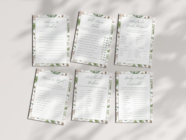 Puede incluir: Seis tarjetas de juegos para baby shower con un borde bot&aacute;nico. Las tarjetas tienen t&iacute;tulos como "Consejos y deseos", "Cuentos de viejas" y "&iquest;Qu&eacute; hay en tu bolso?" El dise&ntilde;o presenta una paleta de colores neutros con acentos verdes y marrones.