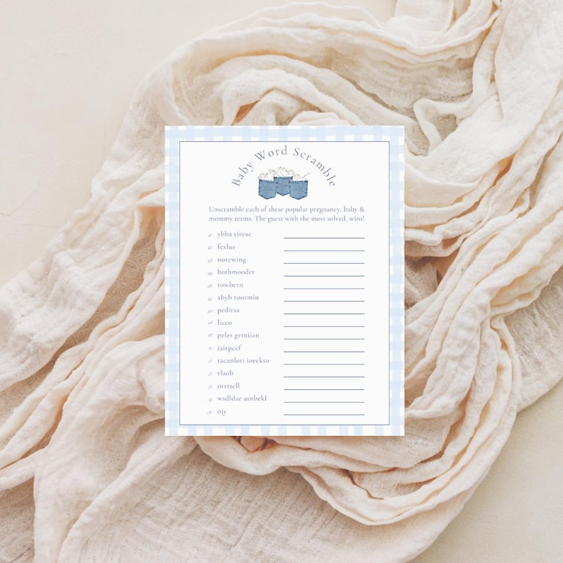 Babyshower-lekpaket med blå jeans, utskrivbar mall, western med blå jeans, flicka, pojke, babyströssel, babyshower-aktivitet bild 7