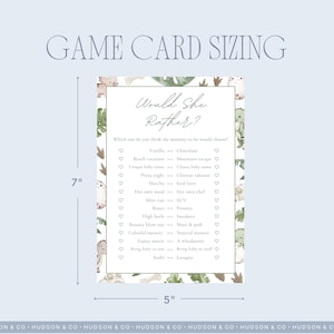 Puede incluir: Tarjeta de juego para baby shower con tem&aacute;tica de dinosaurios. La tarjeta mide 12,7 cm de ancho y 17,8 cm de alto. El texto "Would She Rather?" est&aacute; en la parte superior, con una lista de opciones debajo. La tarjeta tiene un fondo azul claro.