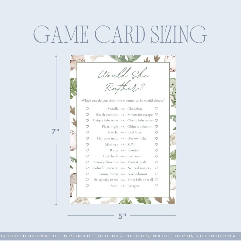 Puede incluir: Tarjeta de juego para baby shower con tem&aacute;tica de dinosaurios. La tarjeta mide 12,7 cm de ancho y 17,8 cm de alto. El texto "Would She Rather?" est&aacute; en la parte superior, con una lista de opciones debajo. La tarjeta tiene un fondo azul claro.
