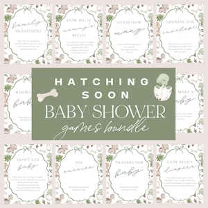 Hatching Soon Baby Shower Table Signs - Dino Baby Shower Bundle - Baby Shower Dinosaure - Baby Dinosaur Decorations - Baby Game Bundle