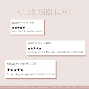 May include: A light pink graphic with the text "CUSTOMER LOVE" in a decorative font. Below are three customer reviews with five-star ratings. The reviews are in white boxes with the customer's name and date.