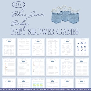 Babyshower-lekpaket med blå jeans, utskrivbar mall, western med blå jeans, flicka, pojke, babyströssel, babyshower-aktivitet bild 1