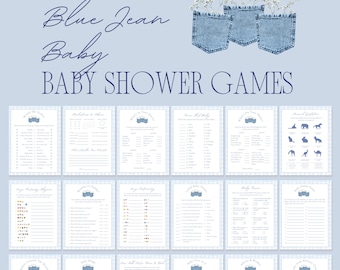 Plantilla imprimible de juegos para baby shower con jeans azules, vaqueros azules, vaquero occidental, niña, niño, actividad para baby shower con chispas