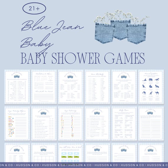 Blue Jean Baby Shower Games Bundle Printable Template Blue Jeans Denim Western Girl Boy Baby Sprinkle Baby Shower Activity