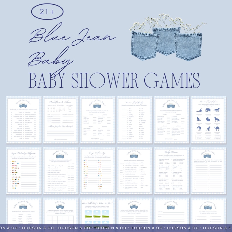 Babyshower-lekpaket med blå jeans, utskrivbar mall, western med blå jeans, flicka, pojke, babyströssel, babyshower-aktivitet bild 1