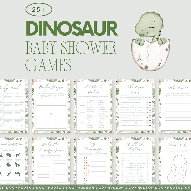 Puede incluir: Un conjunto de juegos de baby shower con tem&aacute;tica de dinosaurios. El dise&ntilde;o presenta un dinosaurio verde saliendo de un huevo, con el texto "DINOSAUR BABY SHOWER GAMES" en verde. Los juegos incluyen "Baby Bingo" y "Would She Rather?"