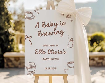 Cafe Bebe Welcome Sign Decor Digital Download A Baby Is Brewing Couples Baby Shower Decoration Template Canva Editable Poster Board