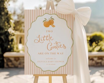 Two Little Cuties Baby Shower Decorations Welcome Sign Editable Canva Template Citrus Orange Clementine Twins Summer Printable Poster