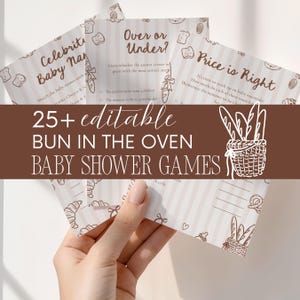 Pacchetto di giochi per baby shower "Bunnel in the oven", stampabile, pane alla cannella, panetteria, caffetteria, attività per baby shower, modello digitale modificabile Canva