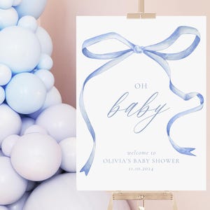Editable Blue Bow Baby Shower Welcome Sign, Boy Baby Shower Sign, Coquette Shower