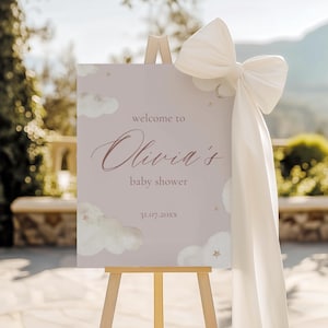 A Little Piece of Heaven Baby Shower Sign Decor Pink Girl On Cloud 9 Editable Welcome Poster Board Template Moon & Cloud Theme Baby Sprinkle