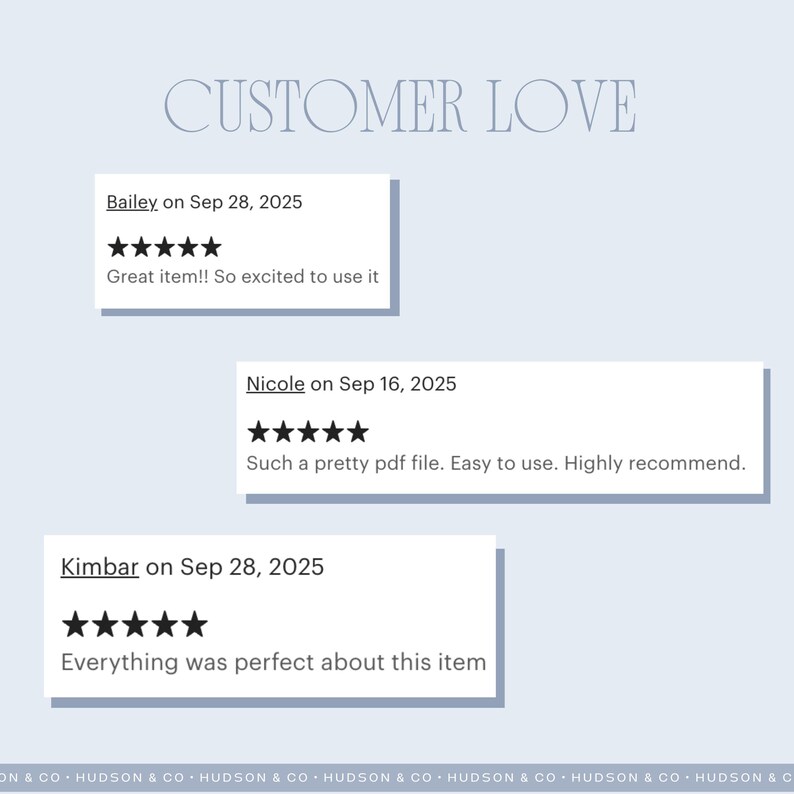 May include: Image featuring customer reviews with the text "CUSTOMER LOVE" at the top. Three white rectangular boxes display reviews with five-star ratings and positive comments. The background is a light blue color.