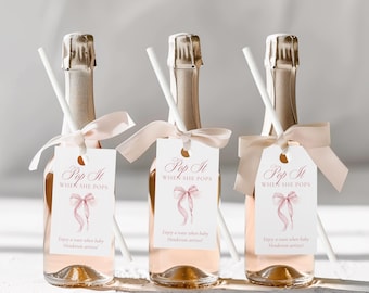Pop It When She Pops Template Enjoy A Toast Label Pink Bow Baby Shower Favors Pop And Cheer Tag Pop The Bubbly Mini Champagne Favors