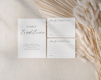 Tarjetas y letreros de tradición familiar para baby shower, plantilla minimalista imprimible y editable de Canva, actividad de baby shower para niño y niña, descarga instantánea