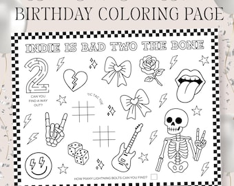 CUSTOMIZABLE Bad Two The Bone Coloring Page - Ready 2 Rock, Bad 2 The Bone, Born Two Rock Birthday Party Placemat - Girl Bad 2 The Bone
