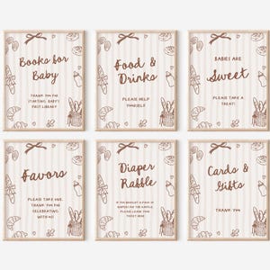 Peut inclure: Six panneaux encadrés avec un fond beige clair et du texte et des illustrations marron. Les panneaux comportent des textes tels que « Livres pour bébé », « Nourriture et boissons » et « Faveurs ». Les illustrations comprennent du pain, des croissants et des biberons.
