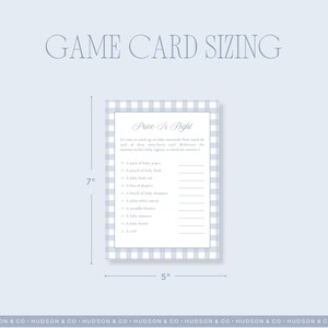 May include: A baby shower game card with a blue and white gingham border. The card is 5 inches wide and 7 inches tall. The text "Price Is Right" is at the top, with a list of baby essentials below.