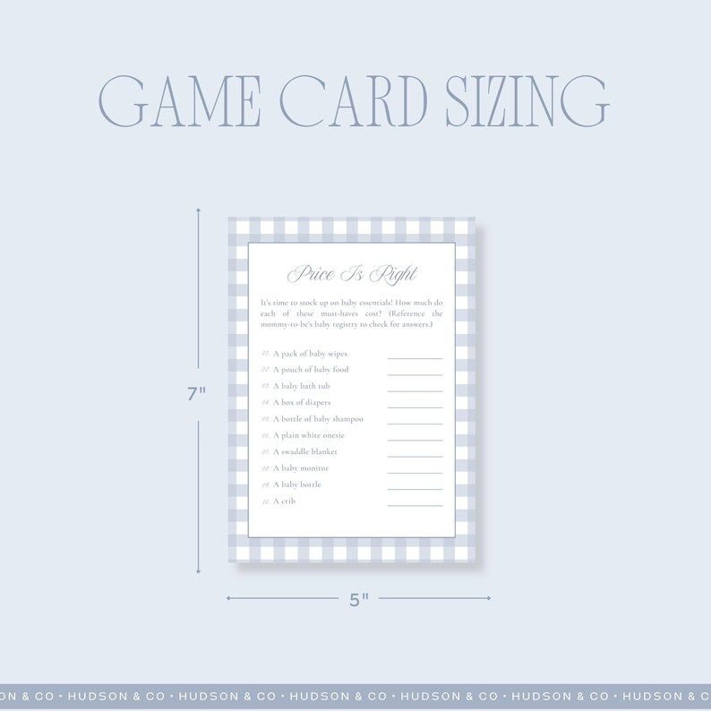 May include: A baby shower game card with a blue and white gingham border. The card is 5 inches wide and 7 inches tall. The text "Price Is Right" is at the top, with a list of baby essentials below.