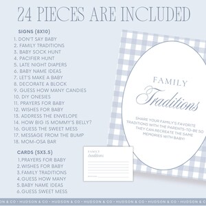 May include: A baby shower game set with 24 pieces, including signs and cards. The signs are 8x10 inches and the cards are 5x3.5 inches. The set features a blue and white gingham pattern and includes the text "Family Traditions".