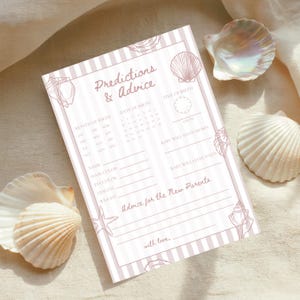 May include: A rectangular card with a light pink and white vertical striped background featuring the text Predictions & Advice. The card includes sections for birth details, baby traits, and advice for new parents, decorated with line art of seashells.