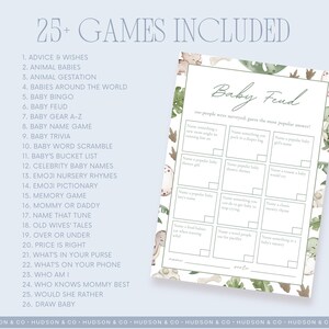 Puede incluir: Un juego de baby shower con un fondo azul claro y un borde decorativo de hojas verdes e ilustraciones de animales. El conjunto incluye un juego "Baby Feud" y una lista de m&aacute;s de 25 juegos, como "Baby Bingo" y "Baby Trivia".