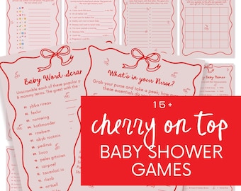 She's The Cherry On Top Baby Shower Games Printable Cherries Theme Coquette Bow Baby Shower Game Bundle Editable Canva Template