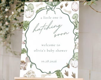Hatching Soon Baby Shower Decorations Dinosaur Welcome Sign Boy Gender Neutral Baby Sprinkle Poster Board Canva Digital Template