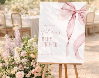 Soft Pink Bow Baby Shower Sign Coquette Editable Canva Template Printable Minimalist Pink Baby Girl Sprinkle Welcome Sign Poster