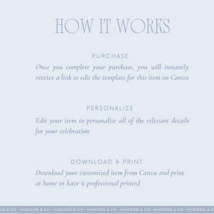 Puede incluir: Gr&aacute;fico azul claro con el texto "HOW IT WORKS" en la parte superior. Debajo, el texto describe los pasos: Comprar, Personalizar y Descargar e Imprimir. El texto es de color gris claro.