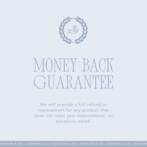 May include: Light blue graphic with the text "MONEY BACK GUARANTEE" in a serif font. Above the text is a laurel wreath with a hand holding a coin. The text below states a refund or replacement is provided.