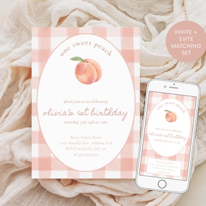 EDITABLE One Sweet Peach Invite for a Peach First Birthday - Sweet Little Peach 1st Birthday Invite - Printable Sweet As A Peach Evite Set