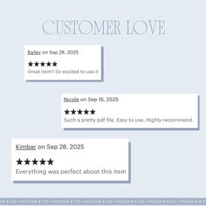 Puede incluir: Un gr&aacute;fico azul claro con el texto "CUSTOMER LOVE" en la parte superior. Debajo, tres rese&ntilde;as de clientes con calificaciones de cinco estrellas. Las rese&ntilde;as son de Bailey, Nicole y Kimbar, cada una con un breve comentario sobre el art&iacute;culo.