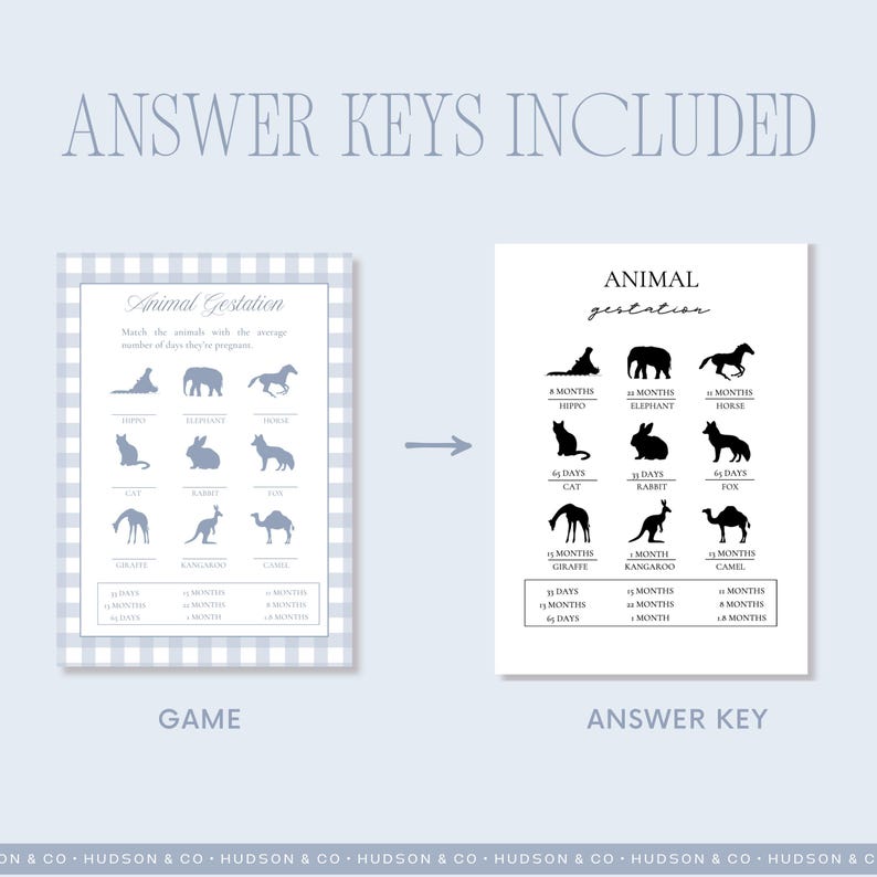 May include: A set of two printable baby shower games. The game card features animal silhouettes and gestation periods. The answer key card shows the gestation periods for each animal. The text "ANSWER KEYS INCLUDED" is at the top.