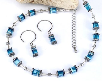 Chain, necklace, necklace, cube chain, glass jewelry, glass cube 6 mm turquoise glass beads cube chain and stainless steel clasp