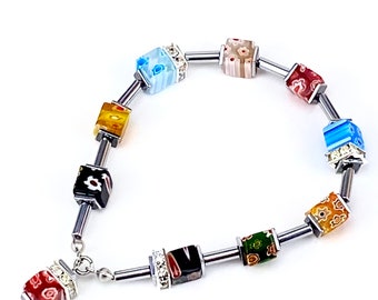 Armband, Perlenarmband, Würfel, Glasschmuck, Glaswürfel, Murano Glas Perlen Würfel Armband und Edelstahl Verschluss