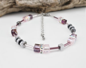 Bracelet, cube, glass jewelry, pink and old pink-purple 6 mm glass beads cube and stainless steel clasp