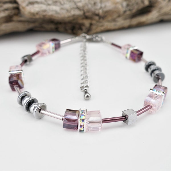 Bracelet, cube, glass jewelry, pink and old pink-purple 6 mm glass beads cube and stainless steel clasp