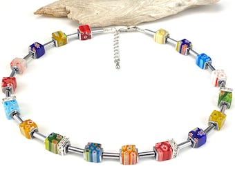 Chain, necklace, necklace, cube chain, glass jewelry, glass cube, Murano glass beads cube chain and stainless steel clasp