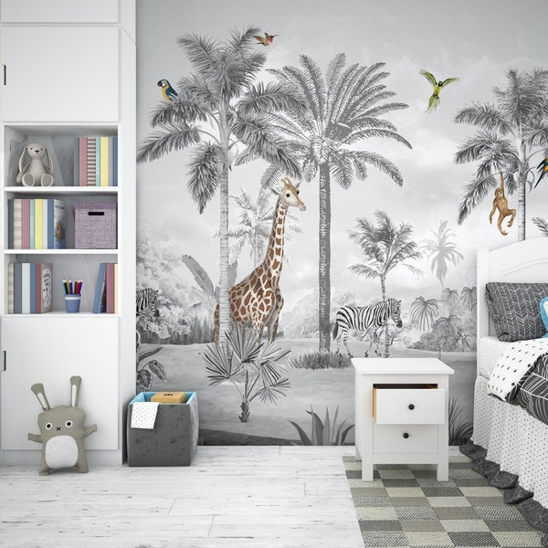 SAFARI Themed Kids Room Wallpaper - Peel and Stick Kids Mural with Animals - Giraffe and Zebra Elephant Nursery Room Wallpaper